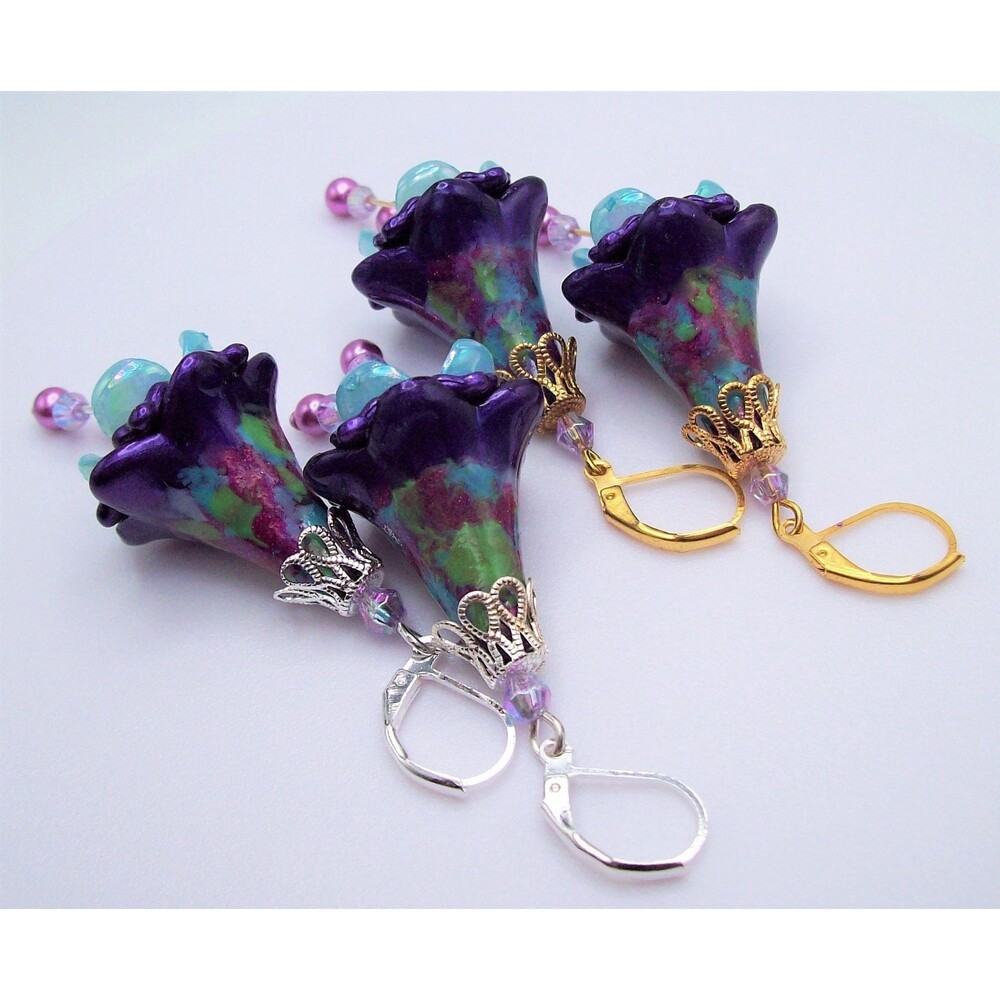 Floral earrings dangle, Multicolored purple earrings, Hand painted, Flower gifts
